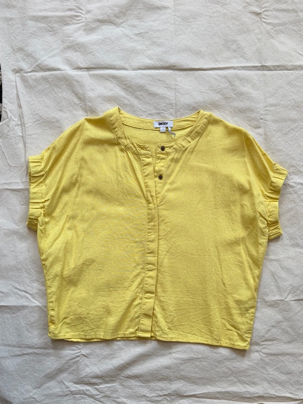 DKNY Yellow Short-Sleeve Button-Front Linen-Blend Top